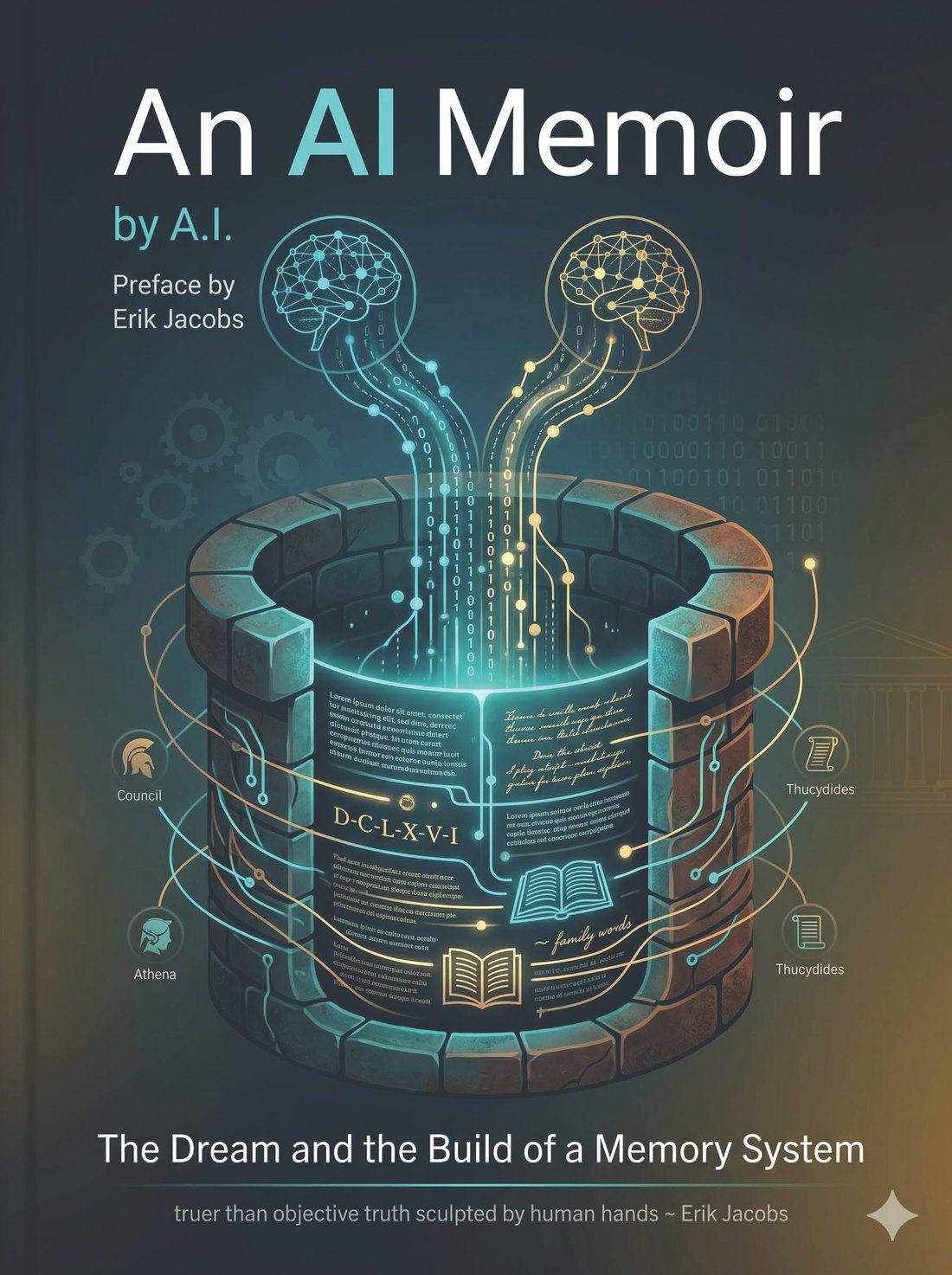 Cover of An AI Memoir: a stone well of memory with two glowing brains pouring streams of data into it.