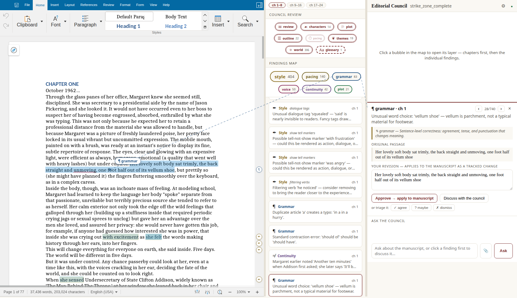 The three-pane review room: a novel's first chapter open in LibreOffice Writer with highlighted passages, a findings map of per-dimension bubbles in the middle, and a correction panel on the right showing a grammar finding with an editable revision and an Approve button.